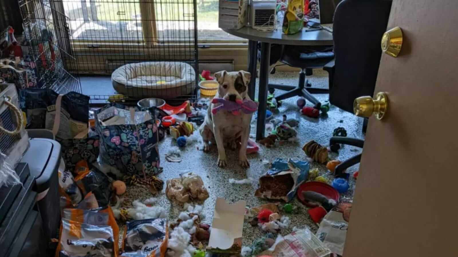 Cachorro em meio a bagunça em escritório