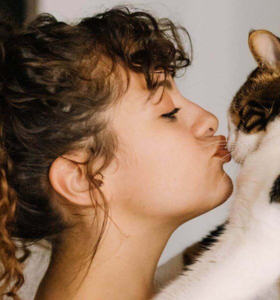 Mulher beijando gato